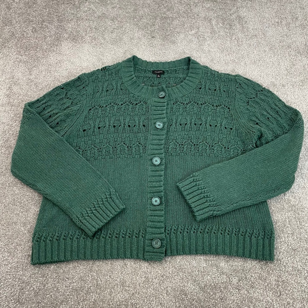 Talbots Cardigan Sweater Womens Extra Large Crochet Knit Cottage Grandma Green